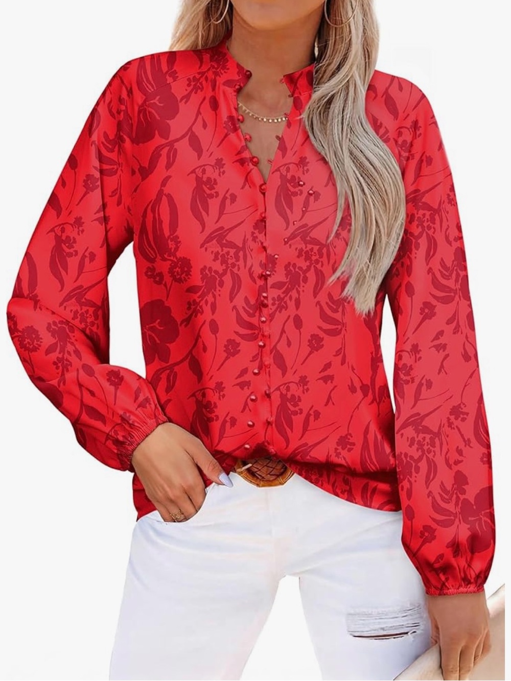 Red Floral Button-Front Women's Blouse